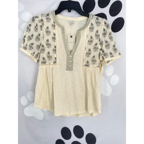 Lucky Brand NWT Mixed Media Embroidered Short Sleeve V Neck Boho Top Nat XS New - Picture 2 of 10